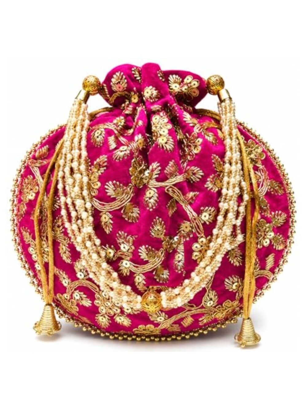 Embroidered Velvet Potli Bag Gota Patti Pearl Handle Wedding Clutch